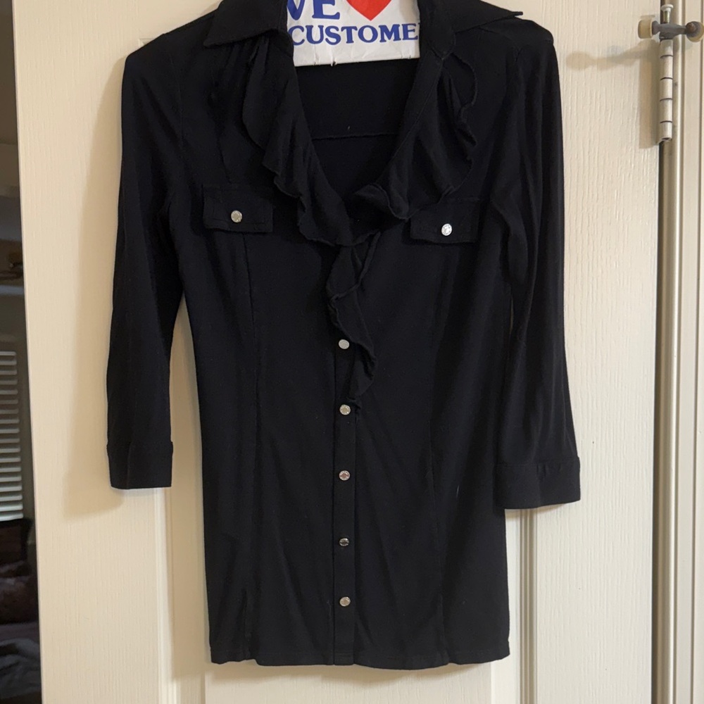 White House Black Market Black Ruffle Button Down Shirt